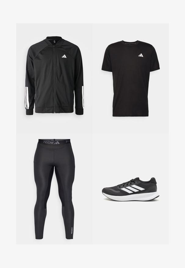 Veste de sport noire avec fermeture éclair à l'avant, manches raglan, logo Adidas blanc et bandes blanches sur les manches. Tissu lisse avec des poignets élastiques.; T-shirt en coton noir à manches courtes, décolleté rond et logo blanc sur la poitrine gauche. Texture lisse et design simple.; Leggings de sport noirs avec une texture lisse, dotés d'une taille large étiquetée "TECHFIT" et de subtils accents sur les panneaux latéraux.; Baskets de sport noires avec tige en mesh respirant, accents blancs et semelle rembourrée. Présente le logo à trois bandes sur le côté.