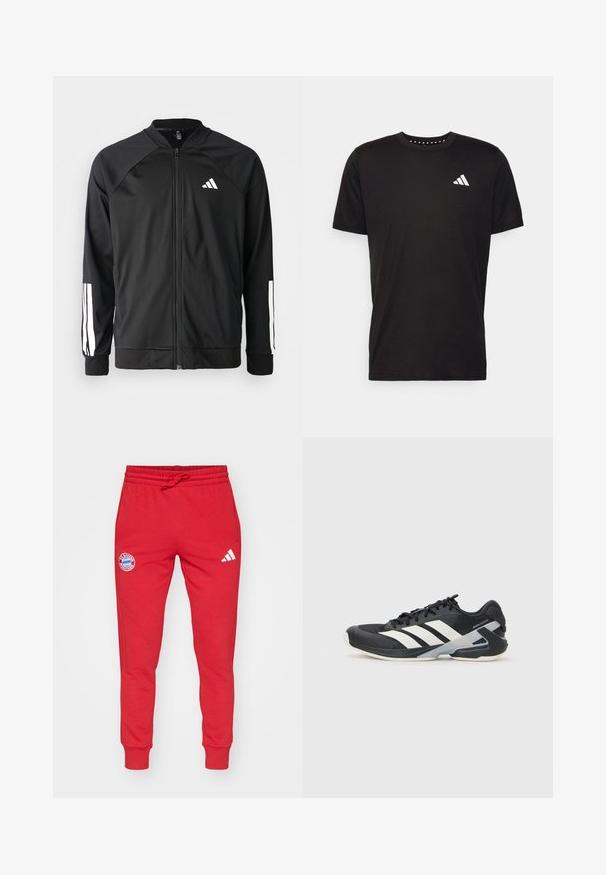 Musta urheilujakku, jossa on vetoketju edessä, raglan-hihat, valkoinen Adidas-logo ja valkoiset raidat hihoissa. Sujuva kangas ja joustavat hihansuut.; Musta puuvillapaita lyhyillä hihoilla, pyöreä pääntie ja valkoinen logo vasemmassa rinnassa. Sujuva rakenne ja yksinkertainen muotoilu.; Punaiset aurinkopaidat, jotka on valmistettu puuvillasekoitteesta, varustettuna nyörivyöllä, ribatulla hihalla ja pyöreällä logolla vasemmassa reidessä valkoisilla yksityiskohdilla.; Mustat urheilukengät valkoisilla raidoilla, verkkomateriaalia ylhäällä, pyöristetty kärki ja pehmustettu pohja. Varustettu teksturoidulla kantapäällä ja turvallisella nauhoitusjärjestelmällä.