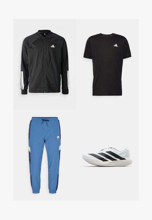 Čierna športová bunda s predným zipsom, raglánovými rukávmi, bielym logom Adidas a bielymi pruhmi na rukávoch. Hladká tkanina s elastickými manžetami.; Čierne bavlnené tričko s krátkymi rukávmi, klasickým výstrihom a bielym logom na ľavej strane hrude. Hladká textúra a jednoduchý dizajn.; Modré bežecké nohavice s nastaviteľným pásom, s námorníckymi bočnými panelmi, bielymi pásikmi a logom pri bokoch. Elastické manžety na členkoch.; Ľahké bežecké topánky v svetlomodrej farbe s čiernymi pruhmi. Majú hladký zvršok, okrúle špičky a hrubú bielu medzipodrážku označenú "LIGHTSTRIKE PRO."