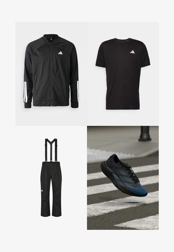 Schwarze Sportjacke mit einem Frontreißverschluss, Raglanärmeln, weißem Adidas-Logo und weißen Streifen an den Ärmeln. Glattes Gewebe mit elastischen Bündchen.; Schwarzes Baumwoll-T-Shirt mit kurzen Ärmeln, Rundhalsausschnitt und einem weißen Logo auf der linken Brust. Glatte Textur und einfaches Design.; Schwarze wasserdichte Hosen mit verstellbaren Trägern, ausgestattet mit einer glatten Textur und einem weißen Logo am linken Bein, entwickelt für den Außeneinsatz.; Schwarz-blauer Sportschuh mit stromlinienförmigem Design, ausgestattet mit einer strukturierten Oberseite, kontrastierenden Streifen und einer gepolsterten Sohle, schwebt über dem Pflaster.