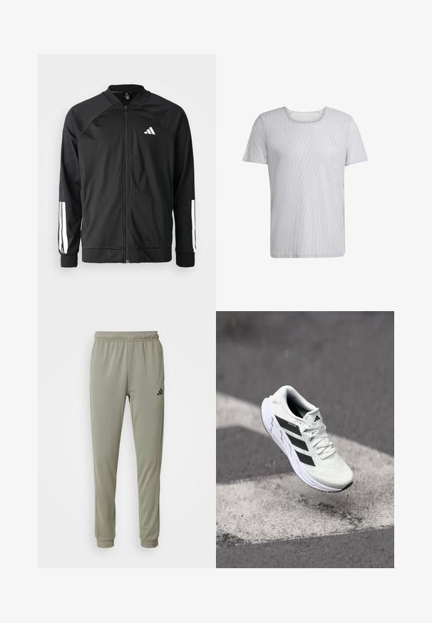 Chaqueta deportiva negra con cremallera frontal, mangas raglán, logo de Adidas en blanco y rayas blancas en las mangas. Tejido suave con puños elásticos.; Camiseta blanca de manga corta con una sutil textura a rayas y un cuello redondo. Presenta un pequeño logo en la zona del pecho izquierdo.; Pantalones deportivos de color verde claro con cintura elástica, piernas ajustadas y detalle del logo en negro. Confeccionados con una tela suave y transpirable.; Zapatilla deportiva blanca con parte superior de malla texturizada, rayas negras, cierre de cordones y suela acolchada, levitando sobre una superficie de carretera marcada.