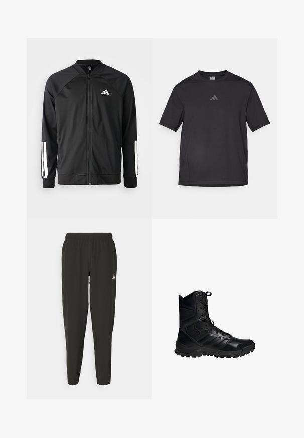 Schwarze Sportjacke mit einem Frontreißverschluss, Raglanärmeln, weißem Adidas-Logo und weißen Streifen an den Ärmeln. Glattes Gewebe mit elastischen Bündchen.; Schwarzes Sport-T-Shirt aus atmungsaktivem Material, mit kurzen Ärmeln, rundem Ausschnitt und einem reflexiven Logo auf der Brust.; Schwarze Sporthosen mit elastischem Bund, slim fit und weißem Logo auf dem linken Bein. Glattes, leichtes Material.; Schwarzer taktischer Stiefel mit einer Kombination aus Leder und synthetischen Materialien, ausgestattet mit Schnürverschluss, gepolstertem Kragen und robustem Sohlenprofil.
