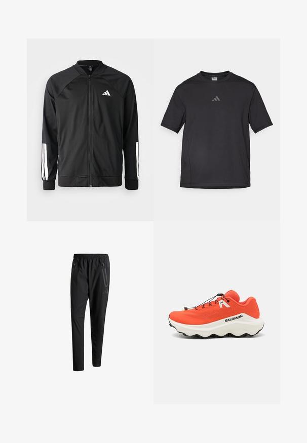 Schwarze Sportjacke mit einem Frontreißverschluss, Raglanärmeln, weißem Adidas-Logo und weißen Streifen an den Ärmeln. Glattes Gewebe mit elastischen Bündchen.; Schwarzes Sport-T-Shirt aus atmungsaktivem Material, mit kurzen Ärmeln, rundem Ausschnitt und einem reflexiven Logo auf der Brust.; Schwarze Sporthose mit elastischem Bund, zwei Reißverschlusstaschen an den Seiten, schmal zulaufenden Beinen und einem dezenten Logo-Detail an der Hüfte.; Orange Trailrunning-Schuhe mit Mesh-Obermaterial, weißer Zwischensohle, strukturiertem schwarzen Außensohle und verstellbaren Bungee-Schnürsenkeln. Branding an der Seite.