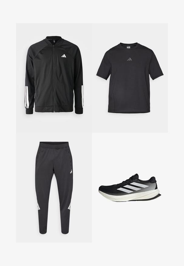Musta urheilujakku, jossa on vetoketju edessä, raglan-hihat, valkoinen Adidas-logo ja valkoiset raidat hihoissa. Sujuva kangas ja joustavat hihansuut.; Musta urheilupaita, joka on valmistettu hengittävästä materiaalista, jossa on lyhyet hihat, pyöreä kaula-aukko ja heijastava logo rinnassa.; Mustat urheiluhousut kapeilla lahkeilla, joustavalla vyötärönauhalla, sivutaskuilla sekä valkoisella logolla ja raidallisilla yksityiskohdilla. Valmistettu sileästä, kevyestä materiaalista.; Musta urheilukengä, jossa on verkkomaisia yksityiskohtia, valkoiset raidat, pyöristetty kärki ja pintakuvioitu pohja pidon ja tuen tarjoamiseksi.