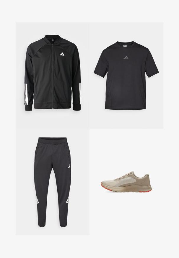 Schwarze Sportjacke mit einem Frontreißverschluss, Raglanärmeln, weißem Adidas-Logo und weißen Streifen an den Ärmeln. Glattes Gewebe mit elastischen Bündchen.; Schwarzes Sport-T-Shirt aus atmungsaktivem Material, mit kurzen Ärmeln, rundem Ausschnitt und einem reflexiven Logo auf der Brust.; Schwarze Sporthose mit zulaufenden Beinen, elastischem Bund, Seitentaschen und weißen Logo- und Streifendetails. Hergestellt aus einem glatten, leichten Material.; Helle beige Laufschuhe mit einem strukturierten oberen Bereich, kontrastierenden, gedämpften orangefarbenen Akzenten an der Sohle und einer gepolsterten Zwischensohle.