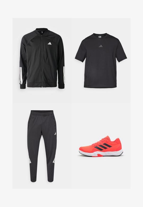 Jachetă sport neagră, cu fermoar frontal, mâneci raglan, logo Adidas alb și dungi albe pe mâneci. Material neted, cu manșete elastice.; Tricou sport negru din material respirabil, cu mâneci scurte, guler rotund și un logo reflectorizant pe piept.; Pantaloni atletici negri cu picioare conice, talie elastică, buzunare laterale și detalii albe cu logo și dungi. Confecționați dintr-un material neted și ușor.; Adidași atletici roșu aprins, cu suprafață din plasă, dungi negre, guler căptușit și talpă intermediară albă. Prezintă o talpă texturată pentru aderență.