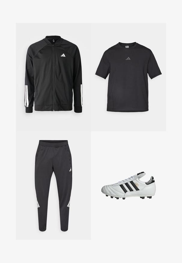 Black athletic jacket with a front zipper, raglan sleeves, white Adidas logo, and white stripes on sleeves. Smooth fabric with elastic cuffs.; Black athletic t-shirt made of breathable material, featuring short sleeves, a round neck, and a reflective logo on the chest.; Black athletic pants with tapered legs, elastic waistband, side pockets, and white logo and stripes detailing. Made from a smooth, lightweight material.; adidas Performance COPA MUNDIAL FOOTBALL BOOTS FIRM GROUND - Firm-ground football boots - cloud white core black gold metallic