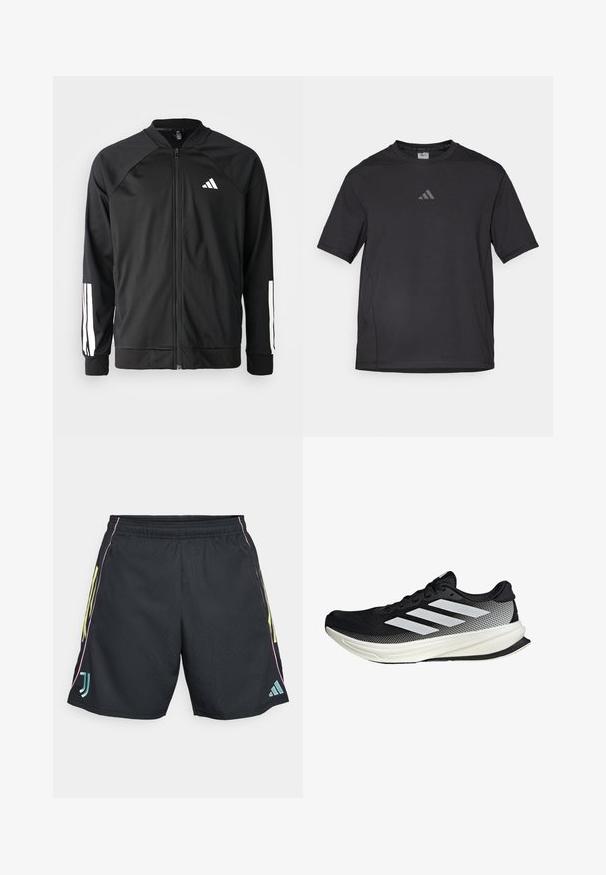 Schwarze Sportjacke mit einem Frontreißverschluss, Raglanärmeln, weißem Adidas-Logo und weißen Streifen an den Ärmeln. Glattes Gewebe mit elastischen Bündchen.; Schwarzes Sport-T-Shirt aus atmungsaktivem Material, mit kurzen Ärmeln, rundem Ausschnitt und einem reflexiven Logo auf der Brust.; Schwarze Sportshorts mit elastischem Bund, mit neongelben Seitestreifen und einem türkisfarbenen Logo, glatte Textur und normale Passform.; Schwarzer Sportschuh mit einem Mesh-Design, ausgestattet mit weißen Streifen, einer runden Zehenpartie und einer strukturierten Sohle für Grip und Unterstützung.