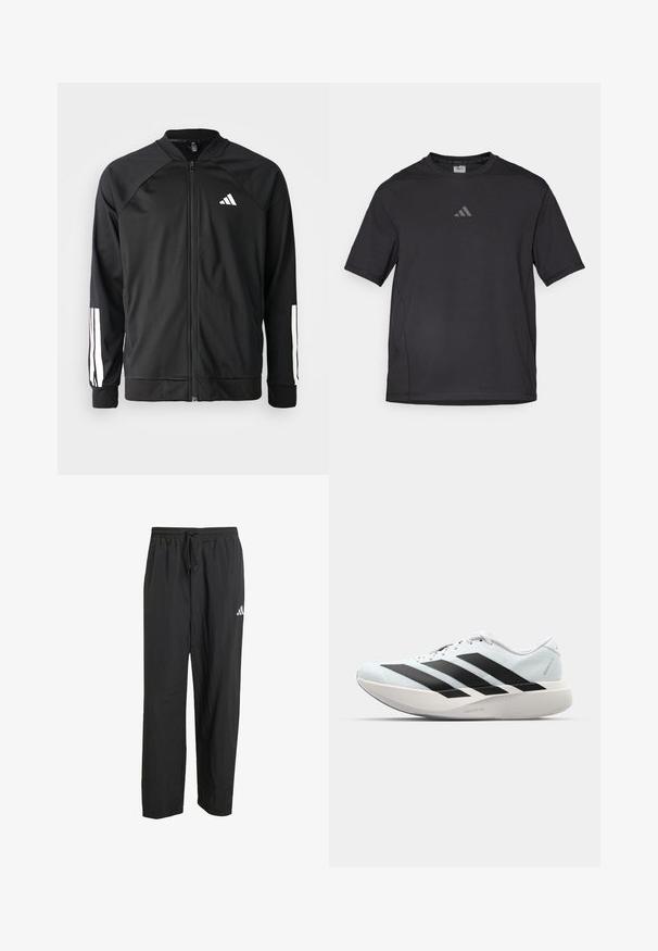 Casaco atlético preto com fecho na frente, mangas raglan, logotipo Adidas branco e riscas brancas nas mangas. Tecido suave com punhos elásticos.; T-shirt atlético preto feito de material respirável, com mangas curtas, decote redondo e um logótipo refletor no peito.; Calças atléticas pretas feitas de tecido leve, apresentando uma cintura elástica com cordão e um pequeno logotipo branco em uma perna.; Tênis de corrida leves em azul pálido com riscas pretas. Apresentam um cabedal liso, bico redondo e uma entressola espessa branca rotulada como "LIGHTSTRIKE PRO."