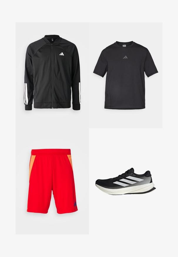 Chaqueta deportiva negra con cremallera frontal, mangas raglán, logo de Adidas en blanco y rayas blancas en las mangas. Tejido suave con puños elásticos.; Camiseta deportiva negra hecha de material transpirable, con mangas cortas, cuello redondo y un logo reflectante en el pecho.; Pantalones cortos deportivos rojos con cinturilla elástica, que presentan paneles laterales naranjas y un logotipo azul en la parte inferior izquierda. Acabado textil suave.; Zapato deportivo negro con un diseño de malla, que presenta rayas blancas, una puntera redondeada y una suela texturizada para agarre y soporte.