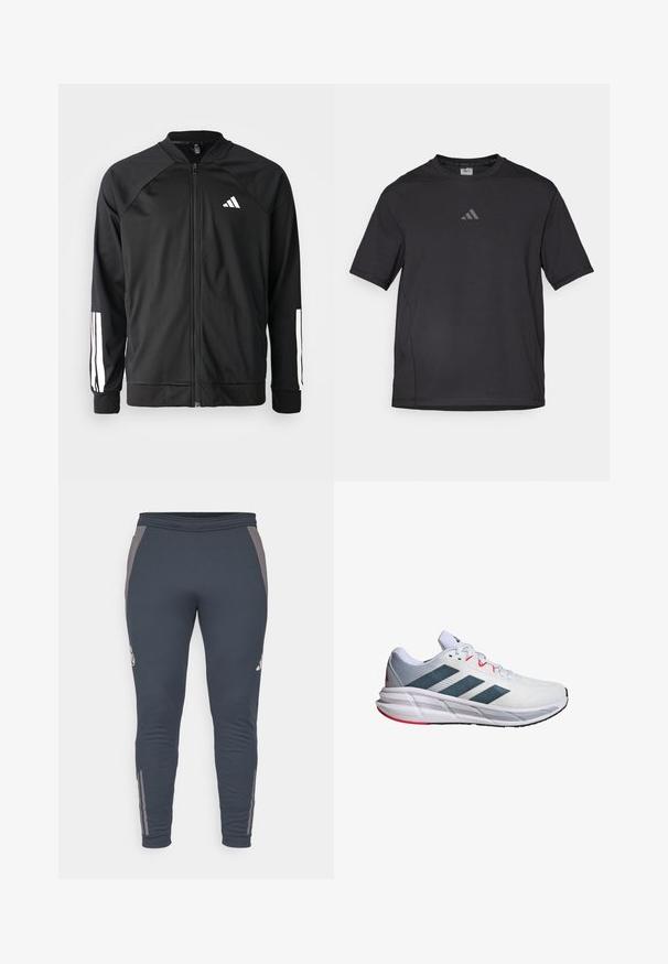 Schwarze Sportjacke mit einem Frontreißverschluss, Raglanärmeln, weißem Adidas-Logo und weißen Streifen an den Ärmeln. Glattes Gewebe mit elastischen Bündchen.; Schwarzes Sport-T-Shirt aus atmungsaktivem Material, mit kurzen Ärmeln, rundem Ausschnitt und einem reflexiven Logo auf der Brust.; adidas Performance REAL MADRID EU TRAINING PANT - Vereinsmannschaften - dark grey/charcoal/putty mauve; Weißer Sportschuh mit grauen und blauen Akzenten, verfügt über ein strukturiertes Obermaterial, ein Design mit drei Streifen und eine gepolsterte Zwischensohle mit roten Details.