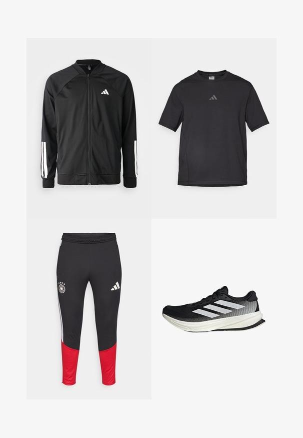 Chaqueta deportiva negra con cremallera frontal, mangas raglán, logo de Adidas en blanco y rayas blancas en las mangas. Tejido suave con puños elásticos.; Camiseta deportiva negra hecha de material transpirable, con mangas cortas, cuello redondo y un logo reflectante en el pecho.; Pantalones deportivos negros con detalles rojos en la parte inferior, franjas laterales blancas, con un logo circular y cuatro estrellas en el muslo izquierdo. Fabricados con material elástico.; Zapato deportivo negro con un diseño de malla, que presenta rayas blancas, una puntera redondeada y una suela texturizada para agarre y soporte.