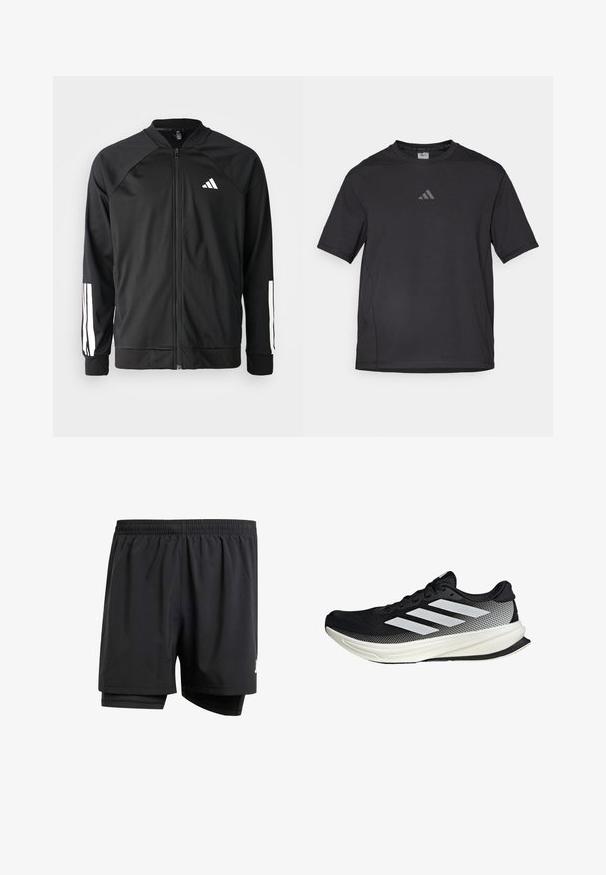 Schwarze Sportjacke mit einem Frontreißverschluss, Raglanärmeln, weißem Adidas-Logo und weißen Streifen an den Ärmeln. Glattes Gewebe mit elastischen Bündchen.; Schwarzes Sport-T-Shirt aus atmungsaktivem Material, mit kurzen Ärmeln, rundem Ausschnitt und einem reflexiven Logo auf der Brust.; Schwarze Sportshorts mit einem elastischen Bund, Innenfutter und einem kleinen Logodetail an der Seite. Leichtes Material und lockerer Schnitt.; Schwarzer Sportschuh mit einem Mesh-Design, ausgestattet mit weißen Streifen, einer runden Zehenpartie und einer strukturierten Sohle für Grip und Unterstützung.