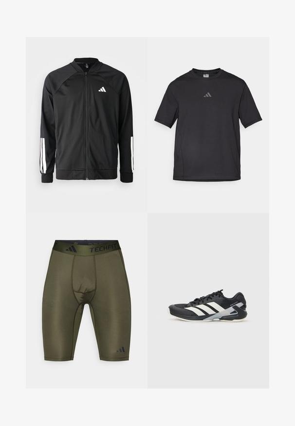 Svart treningsjakke med frontglidelås, raglanermer, hvit Adidas-logo og hvite striper på ermene. Glatt stoff med elastiske mansjetter.; Svart atletisk t-skjorte laget av pustende materiale, med korte ermer, rund hals og et reflekterende logo på brystet.; Olivengrønne kompresjonsshorts med svart TECHFIT midjebånd, som har en glatt tekstur, tettsittende form og subtile sømdetaljer.; Svart treningssko med hvite striper, mesh-overdel, avrundet tå og polstret såle. Har en teksturert hæl og et sikkert snøresystem.