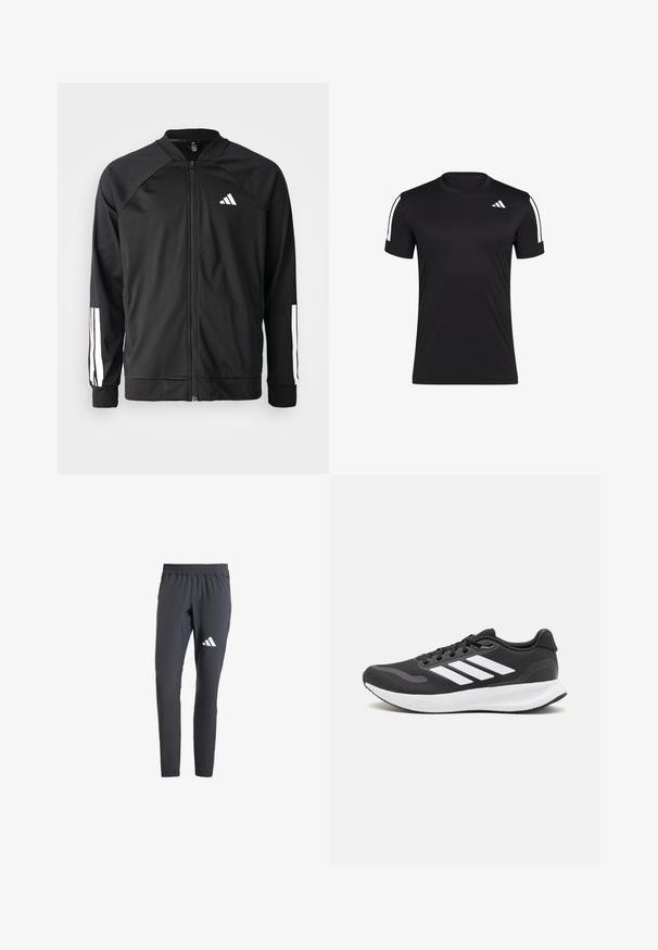 Schwarze Sportjacke mit einem Frontreißverschluss, Raglanärmeln, weißem Adidas-Logo und weißen Streifen an den Ärmeln. Glattes Gewebe mit elastischen Bündchen.; Schwarz, kurzärmliges Sportshirt aus glattem Stoff, mit weißen Akzentstreifen auf den Schultern und einem kleinen Logo auf der Brust.; Graue Sporthosen mit schmalem Schnitt, elastischem Bund und weißem Drei-Streifen-Logo auf dem linken Oberschenkel. Hergestellt aus leichtem Stoff.; Schwarzer Sportschuh mit atmungsaktivem Mesh-Obermaterial, weißen Akzenten und einer gepolsterten Sohle. Mit drei Streifen-Logo an der Seite.