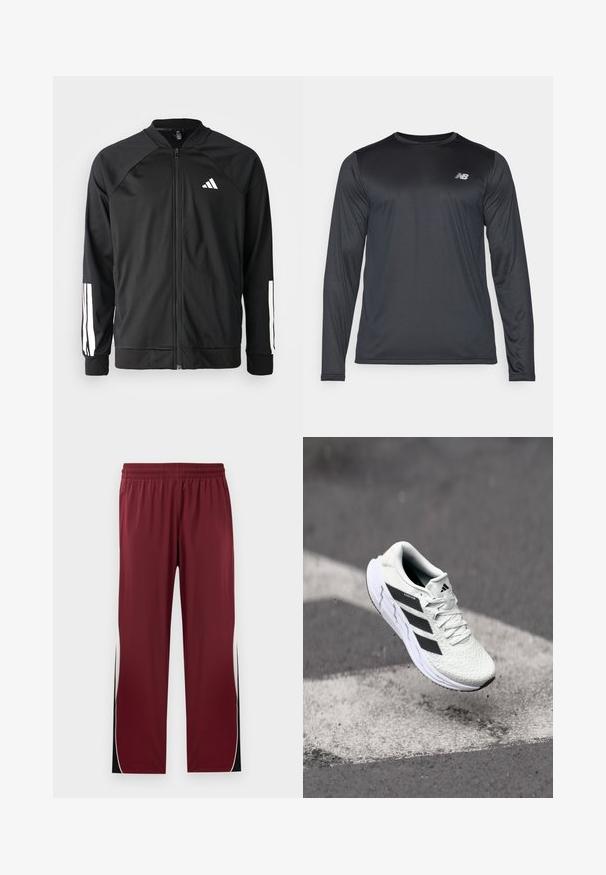 Black athletic jacket with a front zipper, raglan sleeves, white Adidas logo, and white stripes on sleeves. Smooth fabric with elastic cuffs.; Long-sleeve athletic shirt in black, made of smooth, lightweight fabric with a subtle texture. Features small logo on the upper left chest.; Maroon athletic pants with an elastic waistband, contrasting white side stripes, and black accents. Made from a smooth, lightweight fabric.; White athletic shoe with textured mesh upper, black stripes, lace closure, and a cushioned sole, levitating above a marked road surface.