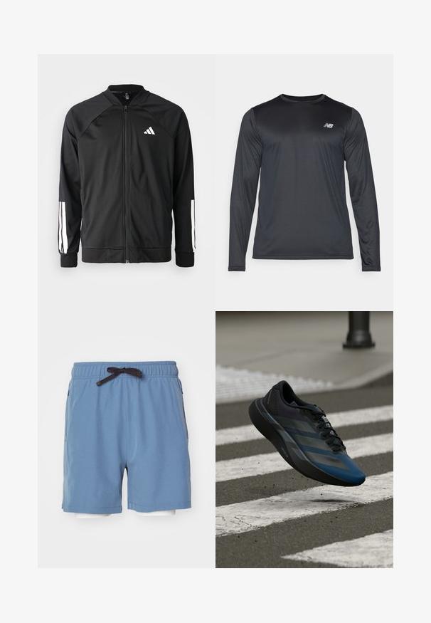 Black athletic jacket with a front zipper, raglan sleeves, white Adidas logo, and white stripes on sleeves. Smooth fabric with elastic cuffs.; Long-sleeve athletic shirt in black, made of smooth, lightweight fabric with a subtle texture. Features small logo on the upper left chest.; ICANIWILL ENDURANCE SHORTS MEN - Sports shorts - light teal; Black and blue athletic shoe with a streamlined design, featuring a textured upper, contrasting stripes, and a cushioned sole, hovering over pavement.