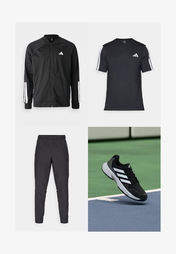 Črna atletska jakna z zadrgo spredaj, raglan rokavi, belo Adidas logo in bele črte na rokavih. Gladek material z elastičnimi manšetami.; Črna majica z kratkimi rokavi iz bombaža, z belimi črtami na ramenih in belim logotipom na levem prsnem delu.; Črne atletske hlače z elastičnim pasom, ožjimi nogami in belimi stranskimi poudarki. Narejene so iz sintetičnega materiala z gladko teksturo.; Črni športni čevelj z belimi črtami, gumijastim podplatom, zgornjim delom iz mrežastega materiala in sivimi poudarki, ki je prikazan lebdeč nad zelenimi in modrimi površinami igrišča.