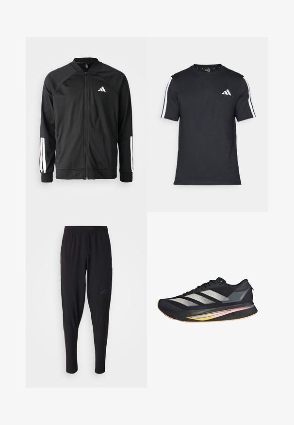 Zwarte sportjack met een rits aan de voorkant, raglanmouwen, wit Adidas-logo en witte strepen op de mouwen. Gladde stof met elastische manchetten.; Zwarte T-shirt van katoen met korte mouwen, met witte strepen op de schouders en een wit logo op de linkerkant van de borst.; Zwarte sportbroek met een elastische tailleband, taps toelopend ontwerp, zijzakken en subtiele logodetails. Gemaakt van flexibele, ademende stof.; adidas Performance ADIZERO SL2 - Hardloopschoenen voor op de weg - core black metalic spark