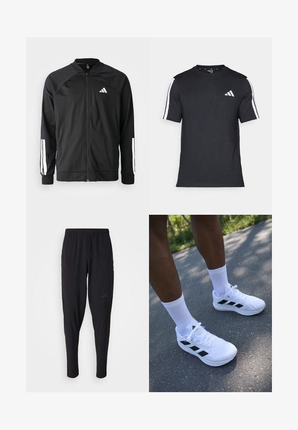 Chaqueta deportiva negra con cremallera frontal, mangas raglán, logo de Adidas en blanco y rayas blancas en las mangas. Tejido suave con puños elásticos.; Camiseta negra de algodón de mangas cortas, con rayas blancas en los hombros y un logo blanco en el lado izquierdo del pecho.; Pantalones deportivos negros con cintura elástica, diseño ajustado, bolsillos laterales y un discreto detalle de logo. Fabricados con un material flexible y transpirable.; Zapatillas deportivas blancas con detalles en negro, parte superior de malla y cordones blancos. Llevadas con calcetines cortos blancos de canalé, posicionadas sobre una superficie de hormigón.