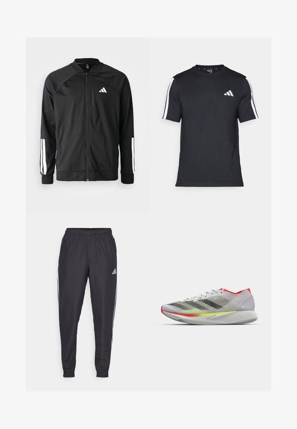 Giacca atletica nera con zip frontale, maniche raglan, logo Adidas bianco e strisce bianche sulle maniche. Tessuto liscio con polsini elasticizzati.; T-shirt nera in cotone a maniche corte, con strisce bianche sulle spalle e un logo bianco sul petto sinistro.; Pantaloni sportivi neri con cintura elastica, dotati di strisce bianche lungo i lati e un piccolo logo sull'anca. Tessuto liscio.; Scarpa da corsa leggera con tomaia in rete grigia, strisce nere e gialle, dettagli rossi e una suola testurizzata con tecnologia LIGHTSTRIKE PRO.