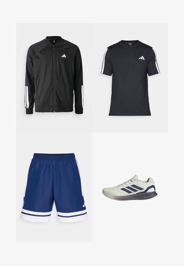 Black athletic jacket with a front zipper, raglan sleeves, white Adidas logo, and white stripes on sleeves. Smooth fabric with elastic cuffs.; Black T-shirt made of cotton with short sleeves, featuring white stripes on the shoulders and a white logo on the left chest.; Navy athletic shorts with a stretchy waistband, white accents, and side pockets. Features white stripes at the hem. Polyester material.; Light gray athletic shoe with a textured mesh upper, navy three-stripe design, and a gray rubber sole with ergonomic shape.
