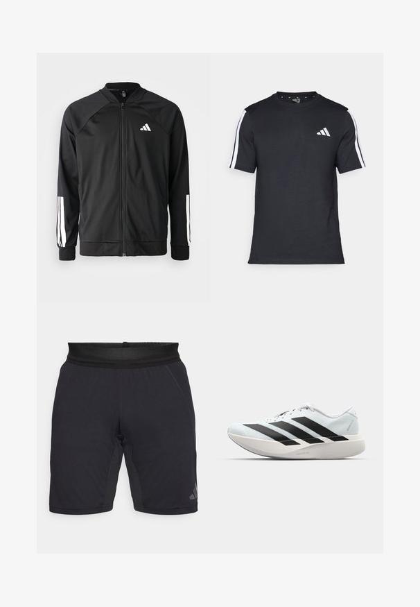 Casaco atlético preto com fecho na frente, mangas raglan, logotipo Adidas branco e riscas brancas nas mangas. Tecido suave com punhos elásticos.; T-shirt preto feito de algodão, com mangas curtas, apresentando riscas brancas nos ombros e um logótipo branco no lado esquerdo do peito.; Calções atléticos pretos feitos de tecido leve, apresentando uma cintura em malha respirável, costuras laterais e um logótipo discreto perto da bainha.; Tênis de corrida leves em azul pálido com riscas pretas. Apresentam um cabedal liso, bico redondo e uma entressola espessa branca rotulada como "LIGHTSTRIKE PRO."