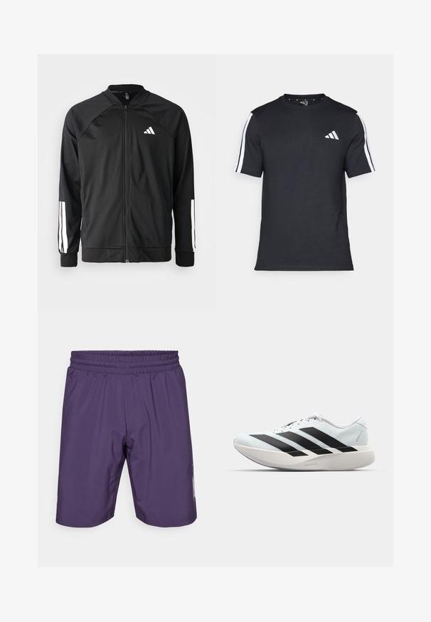 Black athletic jacket with a front zipper, raglan sleeves, white Adidas logo, and white stripes on sleeves. Smooth fabric with elastic cuffs.; Black T-shirt made of cotton with short sleeves, featuring white stripes on the shoulders and a white logo on the left chest.; Purple athletic shorts with an elastic waistband, smooth texture, and side accents. Features a mid-thigh length and simple design.; Lightweight running shoes in pale blue with black stripes. Features a smooth upper, round toe, and thick white midsole labeled "LIGHTSTRIKE PRO."