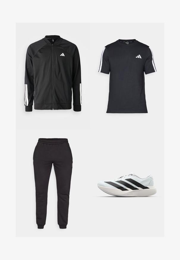 Casaco atlético preto com fecho na frente, mangas raglan, logotipo Adidas branco e riscas brancas nas mangas. Tecido suave com punhos elásticos.; T-shirt preto feito de algodão, com mangas curtas, apresentando riscas brancas nos ombros e um logótipo branco no lado esquerdo do peito.; Sweatpants pretos feitos de algodão macio, com uma cintura elástica, pernas ajustadas e um pequeno logo na parte esquerda.; Tênis de corrida leves em azul pálido com riscas pretas. Apresentam um cabedal liso, bico redondo e uma entressola espessa branca rotulada como "LIGHTSTRIKE PRO."