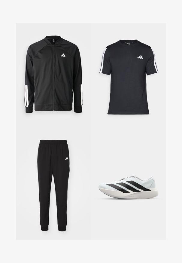 Zwarte sportjack met een rits aan de voorkant, raglanmouwen, wit Adidas-logo en witte strepen op de mouwen. Gladde stof met elastische manchetten.; Zwarte T-shirt van katoen met korte mouwen, met witte strepen op de schouders en een wit logo op de linkerkant van de borst.; Zwarte sportbroek met een elastische tailleband, geaccentueerde enkels en een wit Adidas-logo op de linkerdij. Gemaakt van lichtgewicht, glad materiaal.; Lichte hardloopschoenen in lichtblauw met zwarte strepen. Beschikt over een soepele bovenkant, ronde neusstuk en dikke witte tussenzool met het label "LIGHTSTRIKE PRO."