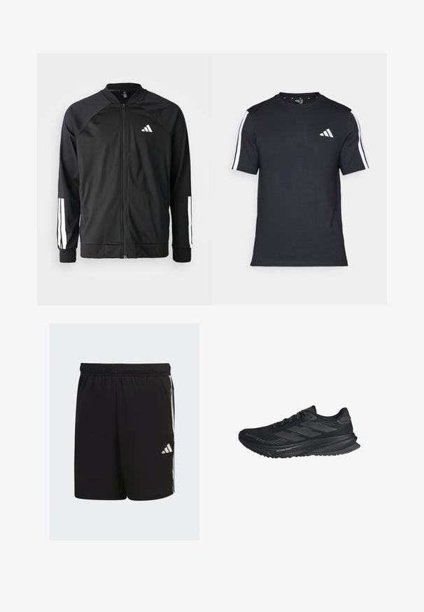 Casaco atlético preto com fecho na frente, mangas raglan, logotipo Adidas branco e riscas brancas nas mangas. Tecido suave com punhos elásticos.; T-shirt preto feito de algodão, com mangas curtas, apresentando riscas brancas nos ombros e um logótipo branco no lado esquerdo do peito.; Calções de desporto pretos feitos de um tecido leve com um cós elástico, apresentando riscas brancas e o logo da Adidas na lateral.; Sapatilha de corrida Adidas preta com parte superior em Gore-Tex, três riscas de lado e "Dreamstrike" na sola, vista do lado exterior.