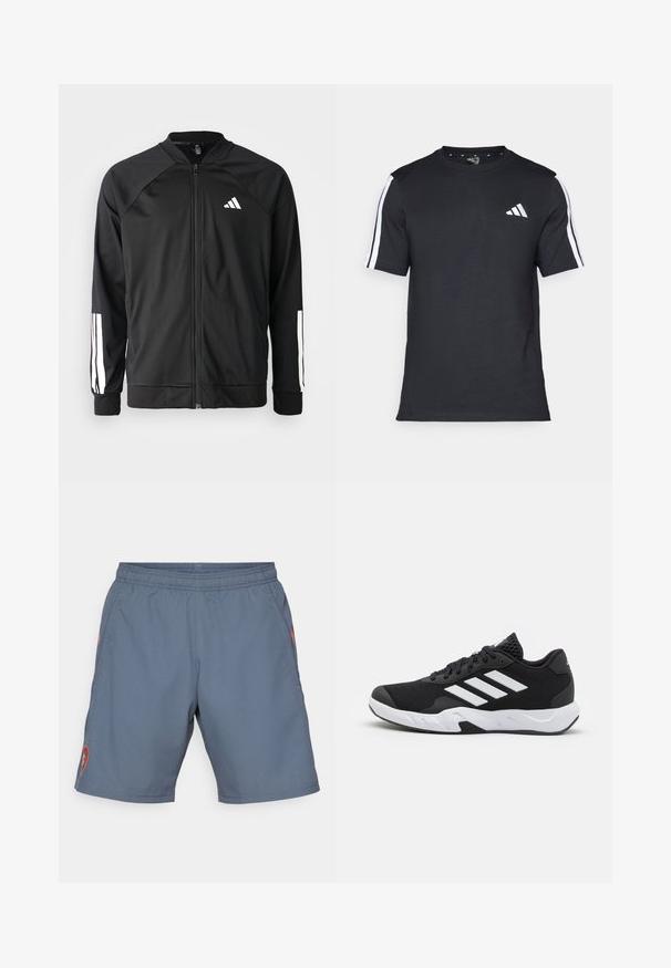 Black athletic jacket with a front zipper, raglan sleeves, white Adidas logo, and white stripes on sleeves. Smooth fabric with elastic cuffs.; Black T-shirt made of cotton with short sleeves, featuring white stripes on the shoulders and a white logo on the left chest.; Gray athletic shorts with elastic waistband, side pockets, and red logo detail on left leg. Lightweight, smooth fabric with subtle sheen.; Black athletic shoes with a textured mesh upper, white accent stripes, a cushioned sole, and a reinforced heel for support.