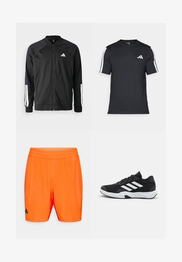 Black athletic jacket with a front zipper, raglan sleeves, white Adidas logo, and white stripes on sleeves. Smooth fabric with elastic cuffs.; Black T-shirt made of cotton with short sleeves, featuring white stripes on the shoulders and a white logo on the left chest.; Orange athletic shorts with a textured surface, elastic waistband, and black logo on the left side. No pockets or additional accents.; Black athletic shoes with a textured mesh upper, white accent stripes, a cushioned sole, and a reinforced heel for support.