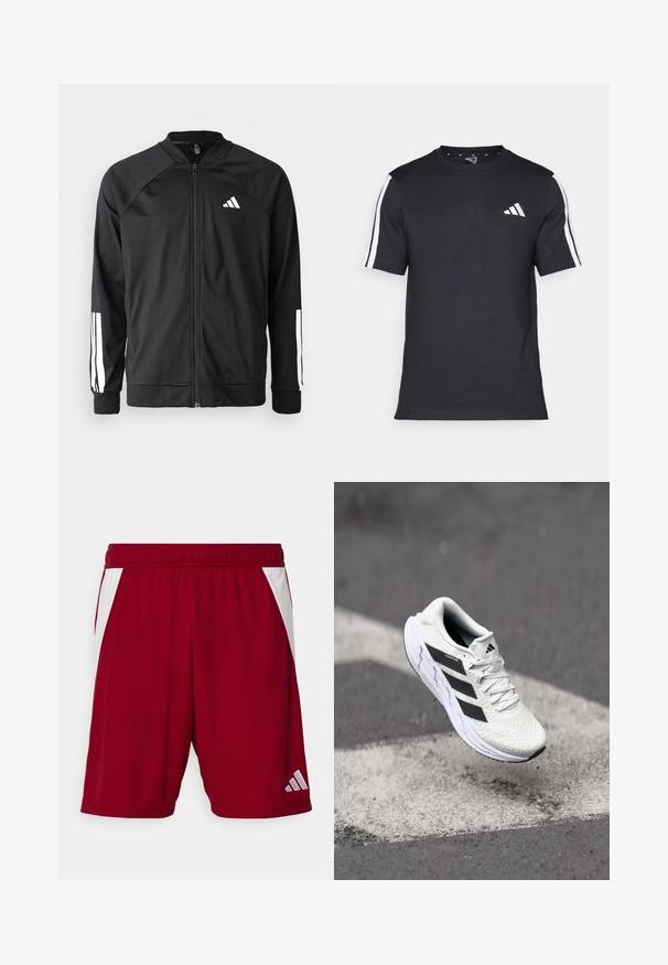 Schwarze Sportjacke mit einem Frontreißverschluss, Raglanärmeln, weißem Adidas-Logo und weißen Streifen an den Ärmeln. Glattes Gewebe mit elastischen Bündchen.; Schwarzes T-Shirt aus Baumwolle mit kurzen Ärmeln, ausgestattet mit weißen Streifen auf den Schultern und einem weißen Logo auf der linken Brust.; Rote sportliche Shorts mit glatter Textur, weißen Seitenelementen, einem elastischen Bund und einem reflektierenden Markenlogo unten rechts.; Weiße Sportschuh mit strukturiertem Mesh-Obermaterial, schwarzen Streifen, Schnürverschluss und gepolstertem Sohlen, schwebt über einer markierten Straßenoberfläche.