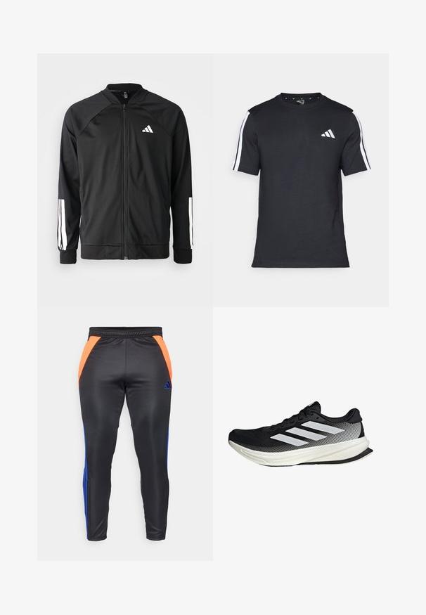 Zwarte sportjack met een rits aan de voorkant, raglanmouwen, wit Adidas-logo en witte strepen op de mouwen. Gladde stof met elastische manchetten.; Zwarte T-shirt van katoen met korte mouwen, met witte strepen op de schouders en een wit logo op de linkerkant van de borst.; Zwarte sportbroek met oranje en blauwe zijpanelen, voorzien van een gladde textuur, elastische tailleband en een blauwe Adidas-logo.; Zwarte sportieve schoen met een mesh ontwerp, voorzien van witte strepen, een ronde neus en een gestructureerde zool voor grip en ondersteuning.