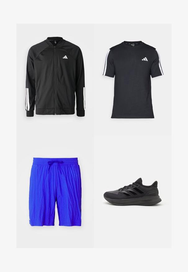 Veste de sport noire avec fermeture éclair à l'avant, manches raglan, logo Adidas blanc et bandes blanches sur les manches. Tissu lisse avec des poignets élastiques.; T-shirt noir en coton à manches courtes, arborant des rayures blanches sur les épaules et un logo blanc sur la poitrine gauche.; Shorts de sport bleus avec un design texturé à motif de grille, une taille élastique et un cordon de serrage pour un ajustement réglable.; Chaussure de sport noire avec dessus en tissu texturé, semelle en caoutchouc et trois rayures noires brillantes sur le côté. Bout arrondi et talon rembourré.
