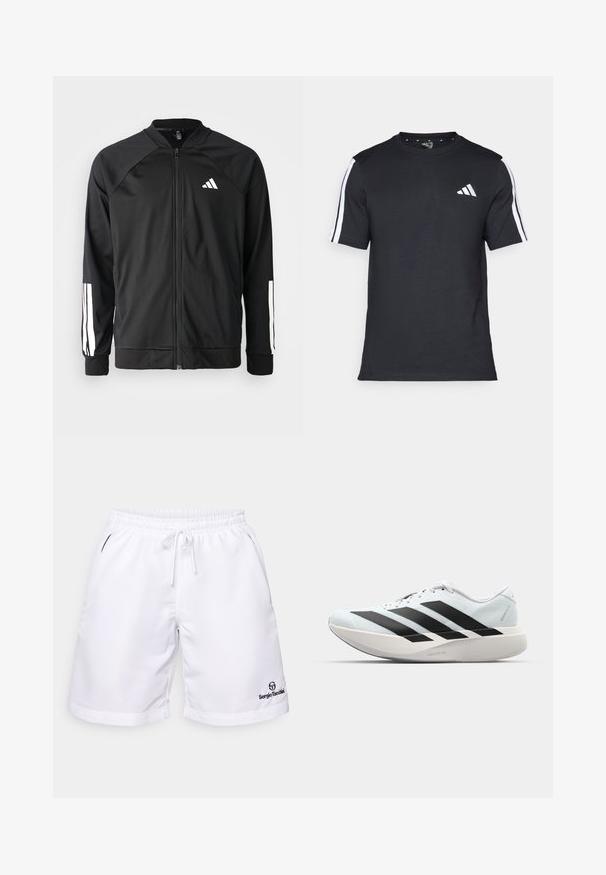 Crna sportska jakna s prednjim zatvaračem, raglan rukavima, bijelim Adidas logom i bijelim prugama na rukavima. Glatka tkanina s elastičnim manžetama.; Crna majica od pamuka s kratkim rukavima, koja ima bijele pruge na ramenima i bijeli logo na lijevoj strani prsiju.; Bijele atletske kratke hlače s elastičnim pojasom i vezicom; imaju bočne džepove i mali crni logo blizu donjeg ruba.; Lagane tenisice za trčanje u svijetloplavoj boji s crnim trakama. Imaju glatku gornju površinu, okrugli vrh i debeli bijeli srednji sloj označen "LIGHTSTRIKE PRO."