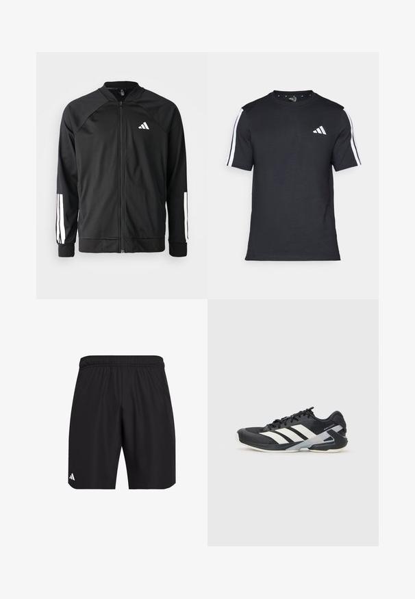 Casaco atlético preto com fecho na frente, mangas raglan, logotipo Adidas branco e riscas brancas nas mangas. Tecido suave com punhos elásticos.; T-shirt preto feito de algodão, com mangas curtas, apresentando riscas brancas nos ombros e um logótipo branco no lado esquerdo do peito.; Calções atléticos pretos com um cós elástico. Feitos de um tecido leve, apresentam uma textura subtil e um pequeno logótipo branco em destaque.; Sapata atlética preta com riscas brancas, parte superior em malha, biqueira arredondada e sola acolchoada. Apresenta um calcanhar texturizado e um sistema de atacadores seguro.
