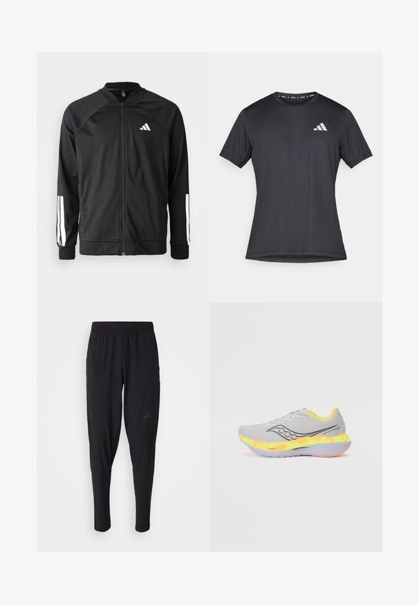 Giacca atletica nera con zip frontale, maniche raglan, logo Adidas bianco e strisce bianche sulle maniche. Tessuto liscio con polsini elasticizzati.; Maglietta sportiva nera, maniche corte, scollo tondo, realizzata in tessuto leggero. Presenta un logo Adidas riflettente sul davanti.; Pantaloni sportivi neri con vita elastica, design affusolato, tasche laterali e dettagli logo discreti. Realizzati in tessuto flessibile e traspirante.; Scarpa da corsa grigio chiaro con tomaia in rete, logo nero e intersuola con gradiente colorato giallo e arancione. Suola in gomma per una buona trazione.