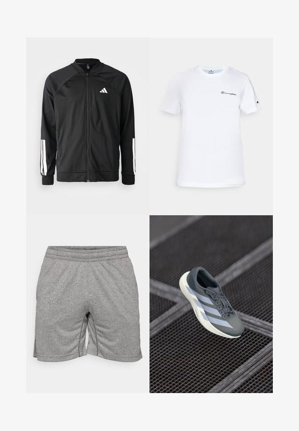 Mustar mustreeritud spordijakk, millel on ees lukuga taskud, raglanvarrukad, valge Adidas logo ja valged triibud varrukatel. Sile kangas elastsete mansettidega.; Valge puuvillane T-särk, millel on ümar kaelus, lühikesed varrukad ja must tikandiga "Champion" logo rinnal ning varruka aksendil.; Hallid hallid spordilühikesed püksid tekstureeritud mustriga, elastse vöökoha ja külgslitsidega liikumiseks. Valmistatud kergest ja hingavast materjalist.; Hallide saapad hallis ja valges, valmistatud sünteetilisest materjalist, voolujoonelise disainiga, tekstuurse viimistlusega ja silmapaistva nöörimise süsteemiga.