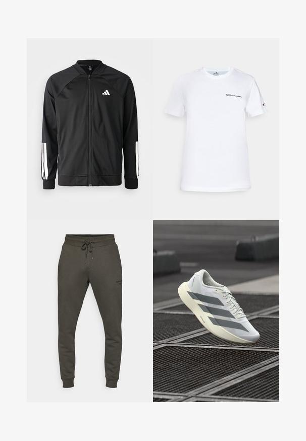 Black athletic jacket with a front zipper, raglan sleeves, white Adidas logo, and white stripes on sleeves. Smooth fabric with elastic cuffs.; White cotton t-shirt with a crew neckline, short sleeves, and a black embroidered "Champion" logo on the chest and sleeve accent.; Dark olive green sweatpants made of soft fabric, featuring an elastic waistband with drawstring and ribbed cuffs; subtle logo detail on the leg.; White athletic shoe with a textured mesh upper, featuring grey stripes and a cushioned sole. Lightweight design suitable for running.