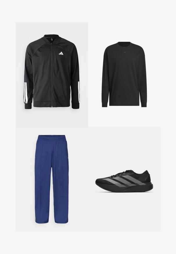 Chaqueta deportiva negra con cremallera frontal, mangas raglán, logo de Adidas en blanco y rayas blancas en las mangas. Tejido suave con puños elásticos.; Camiseta de manga larga negra, hecha de algodón suave, con cuello redondo, corte relajado y pequeño detalle del logo en el pecho.; Pantalones de corte holgado en azul marino, con cintura elástica, que cuentan con dos pliegues frontales y sutiles acentos laterales para mayor detalle.; Zapatillas deportivas negras con un diseño ligero, que presentan tres franjas grises prominentes, una textura suave y una suela contorneada.