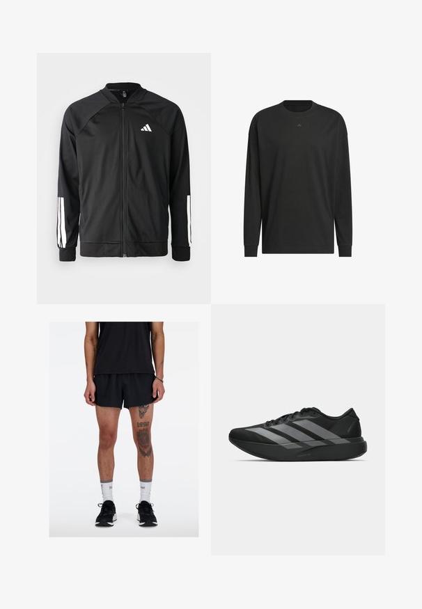 Crna sportska jakna s prednjim zatvaračem, raglan rukavima, bijelim Adidas logom i bijelim prugama na rukavima. Glatka tkanina s elastičnim manžetama.; Crna dugorukava majica od mekog pamuka, s okruglim izrezom, ležernim krojem i malim logotipom na prsima.; Crne atletske šortse opuštenog kroja, u kombinaciji s crnom majicom i crnim tenisicama. Zapaženi tetovaži na donjim nogama.; Crne atletske tenisice s laganim dizajnom, koje imaju tri istaknute sive pruge, glatku teksturu i oblikovanu pogodnu potplat.