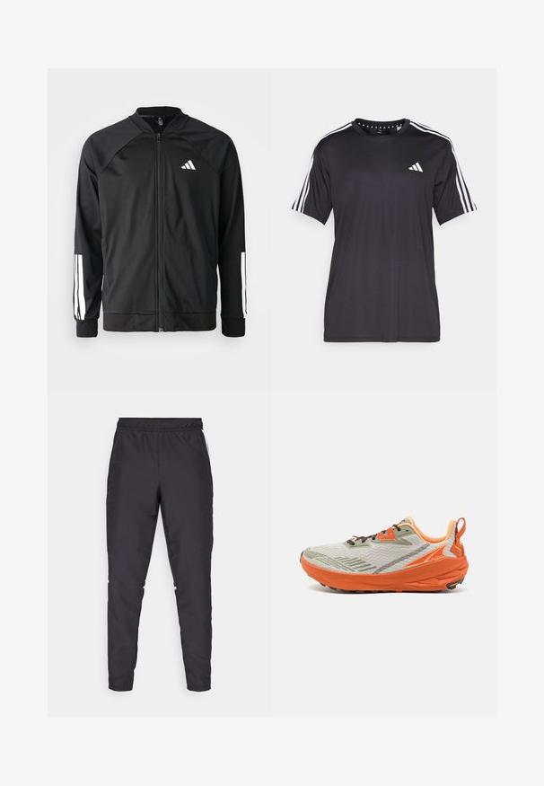Black athletic jacket with a front zipper, raglan sleeves, white Adidas logo, and white stripes on sleeves. Smooth fabric with elastic cuffs.; Black short-sleeve t-shirt with white three-stripe design on shoulders and logo on the chest. Made from breathable fabric, smooth texture.; Black athletic pants with an elastic waistband, tapered legs, and white side accents. Made of synthetic material with a smooth texture.; Altra EXPERIENCE WILD - Trail running shoes - gray/orange
