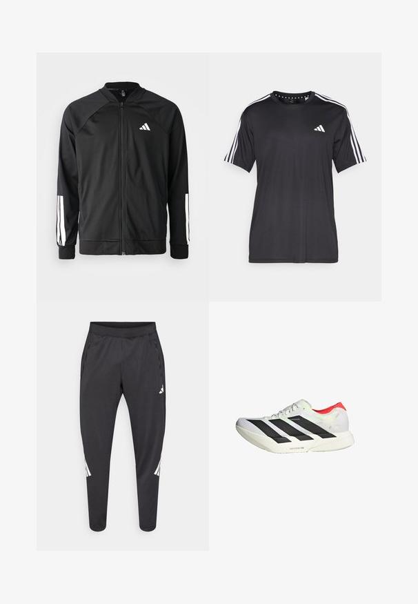 Giacca atletica nera con zip frontale, maniche raglan, logo Adidas bianco e strisce bianche sulle maniche. Tessuto liscio con polsini elasticizzati.; T-shirt nera a maniche corte con design a tre strisce bianche sulle spalle e logo sul petto. Realizzata in tessuto traspirante, con una texture liscia.; Pantaloni atletici neri con gambe affusolate, cintura elastica, tasche laterali e dettagli con logo bianco e strisce. Realizzati in materiale liscio e leggero.; Scarpa atletica bianca con strisce diagonali nere, dettagli rossi sul tallone e una tomaia testurizzata; presenta un'imbottitura LIGHTSTRIKE PRO.
