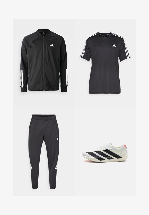 Black athletic jacket with a front zipper, raglan sleeves, white Adidas logo, and white stripes on sleeves. Smooth fabric with elastic cuffs.; Black short-sleeve t-shirt with white three-stripe design on shoulders and logo on the chest. Made from breathable fabric, smooth texture.; Black athletic pants with tapered legs, elastic waistband, side pockets, and white logo and stripes detailing. Made from a smooth, lightweight material.; White athletic shoe with black diagonal stripes, lightweight mesh material, green accents, and red heel tab; features a sleek, elongated design.