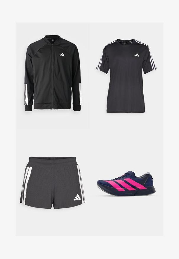 Black athletic jacket with a front zipper, raglan sleeves, white Adidas logo, and white stripes on sleeves. Smooth fabric with elastic cuffs.; Black short-sleeve t-shirt with white three-stripe design on shoulders and logo on the chest. Made from breathable fabric, smooth texture.; Dark gray athletic shorts made of breathable fabric, featuring white side stripes and a logo. The design includes perforated texture for ventilation.; adidas Performance ADIZERO ADIOS PRO 4 - Road running shoes - dark blue/shock pink/dash grey