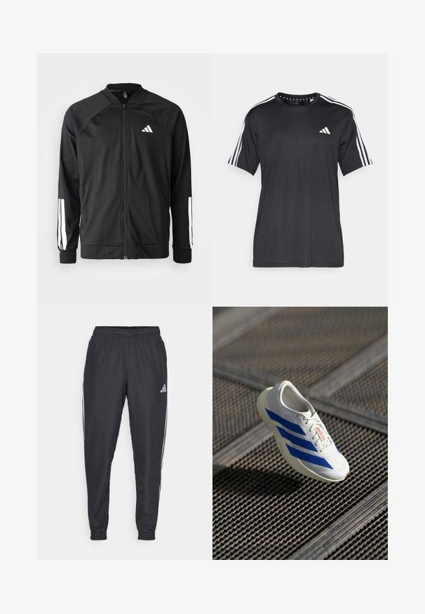 Schwarze Sportjacke mit einem Frontreißverschluss, Raglanärmeln, weißem Adidas-Logo und weißen Streifen an den Ärmeln. Glattes Gewebe mit elastischen Bündchen.; Schwarzes T-Shirt mit kurzen Ärmeln und weißem Dreistrichdesign an den Schultern sowie Logo auf der Brust. Hergestellt aus atmungsaktivem Stoff, glatte Textur.; Schwarze Sporthosen mit elastischem Bund, mit weißen Streifen an den Seiten und einem kleinen Logo an der Hüfte. Glatte Textur.; Weißer Sportschuh mit blauen Streifen, leichtes Design, Mesh-Obermaterial, Schnürverschluss und strukturierten Gummisohle, schwebend über einer Gitteroberfläche.