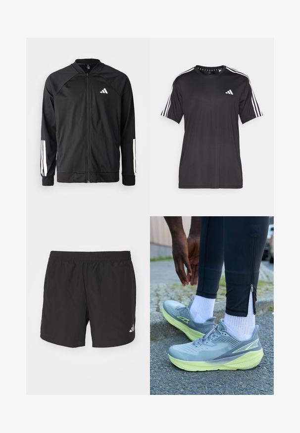 Veste de sport noire avec fermeture éclair à l'avant, manches raglan, logo Adidas blanc et bandes blanches sur les manches. Tissu lisse avec des poignets élastiques.; T-shirt noir à manches courtes avec un design à trois bandes blanches sur les épaules et un logo sur la poitrine. Fabriqué en tissu respirant, texture lisse.; Shorts de sport noirs avec une taille élastique, des fentes sur les côtés et des accents de logo réfléchissants. Fabriqués en tissu léger et lisse.; Altra EXPERIENCE FLOW - Chaussures de running sur route - gray/green
