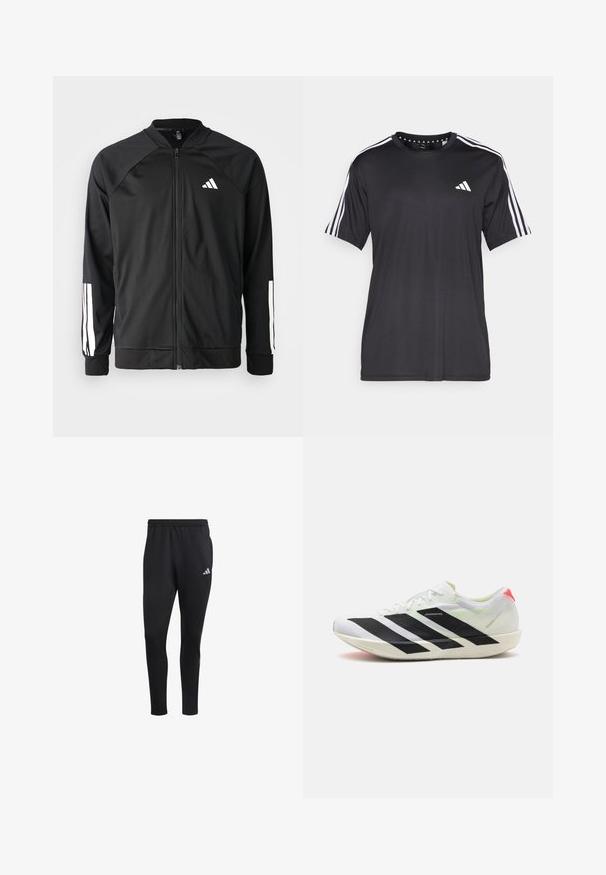 Schwarze Sportjacke mit einem Frontreißverschluss, Raglanärmeln, weißem Adidas-Logo und weißen Streifen an den Ärmeln. Glattes Gewebe mit elastischen Bündchen.; Schwarzes T-Shirt mit kurzen Ärmeln und weißem Dreistrichdesign an den Schultern sowie Logo auf der Brust. Hergestellt aus atmungsaktivem Stoff, glatte Textur.; adidas Performance OWN THE RUN ASTRO SEAMLESS KNIT - Jogginghose - black; Weißer Sportschuh mit schwarzen diagonalen Streifen, leichtem Mesh-Material, grünen Akzenten und rotem Fersenbereich; zeichnet sich durch ein schlankes, verlängertes Design aus.